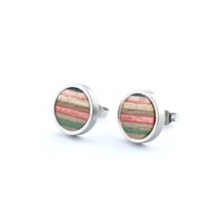 Green pink and blue earrings made from recycled skateboard decks