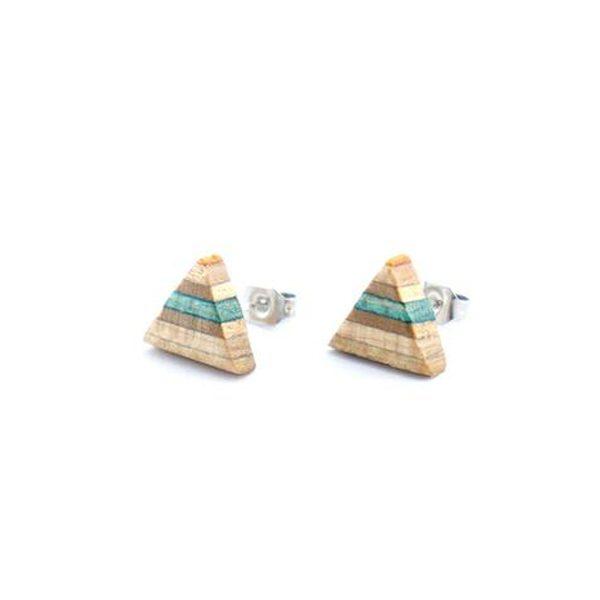 Green and orange triangle earrings made from recycled skateboard decks