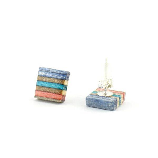 Blue and orange square earrings made from recycled skateboard decks