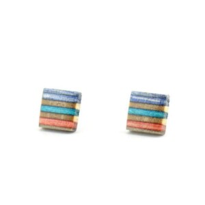 Blue and orange square earrings made from recycled skateboard decks