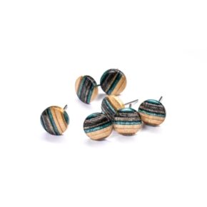 Black and blue round earrings made from recycled skateboard decks